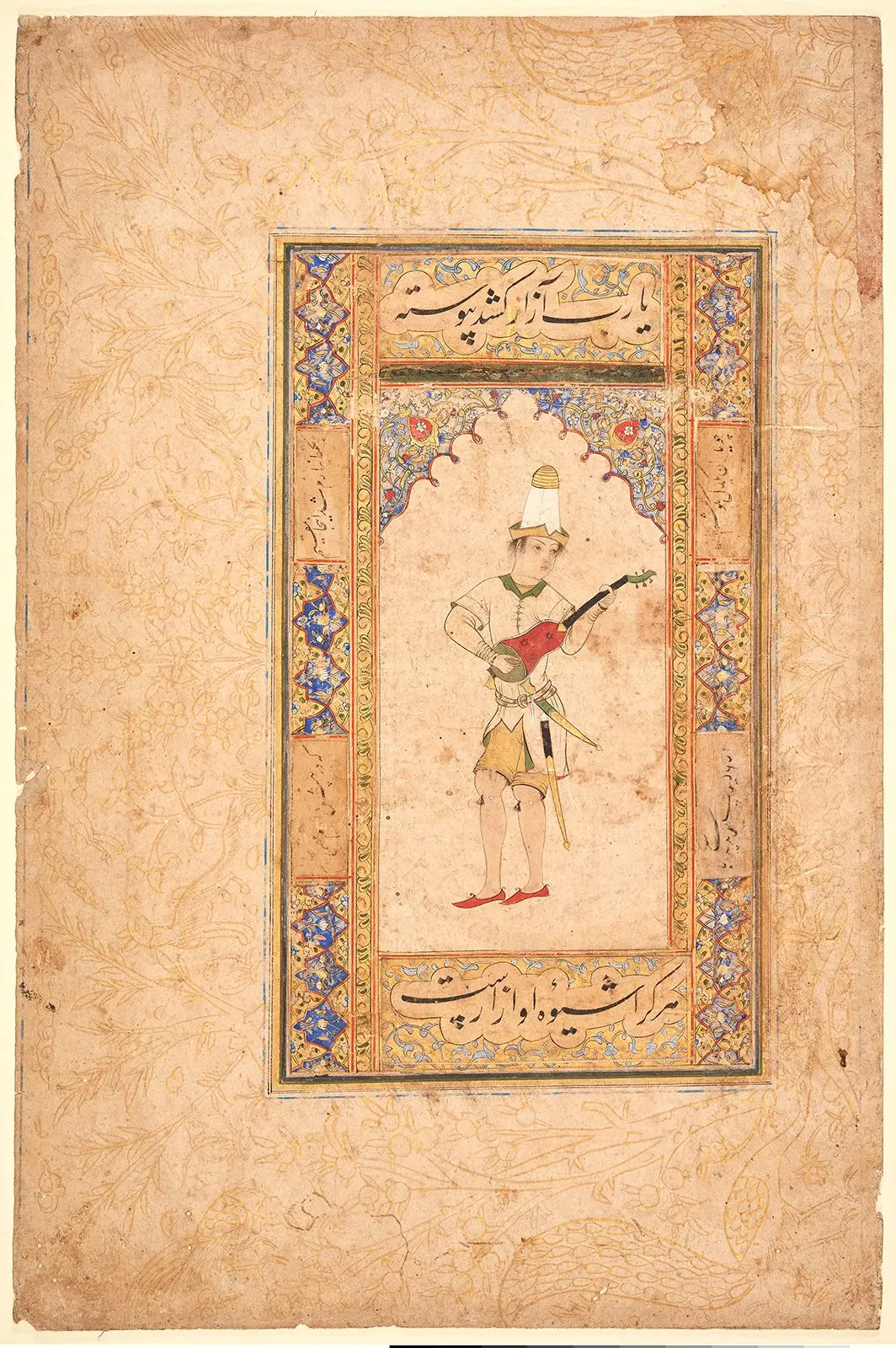 A Musician playing a Stringed Instrument,Page from a Muraqqa‘ (album) by Unknown artist