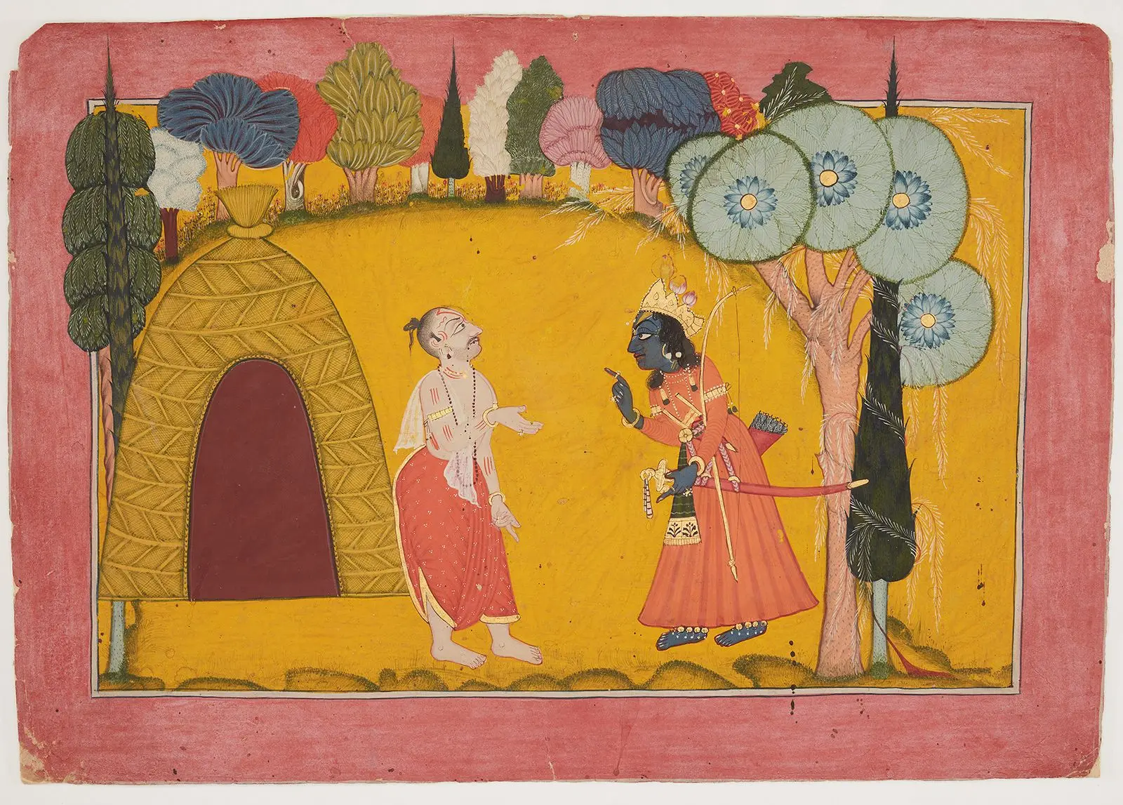 Rama speaks to the hermit Bharadvaja outside his Dwelling, From a Ramayana manuscript by Unknown artist