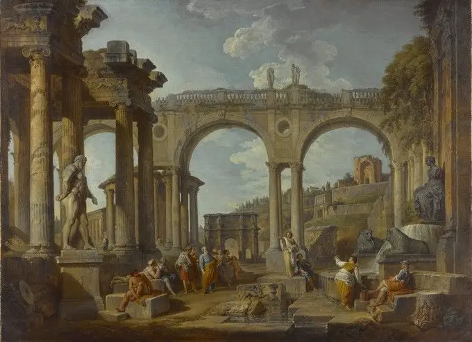 A Capriccio of Roman Ruins with the Arch of Constantine by Giovanni Paolo Panini