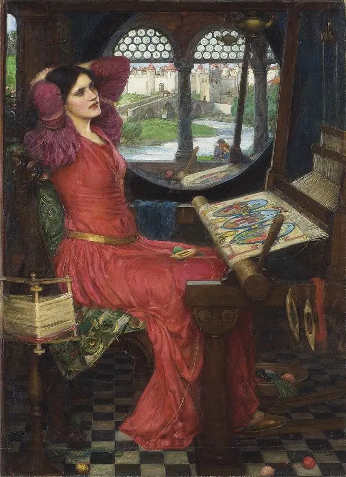 " 'I am half sick of shadows,' said The Lady of Shalott" (Alfred, Lord Tennyson, The Lady of Shalott, Part II) by John William Waterhouse