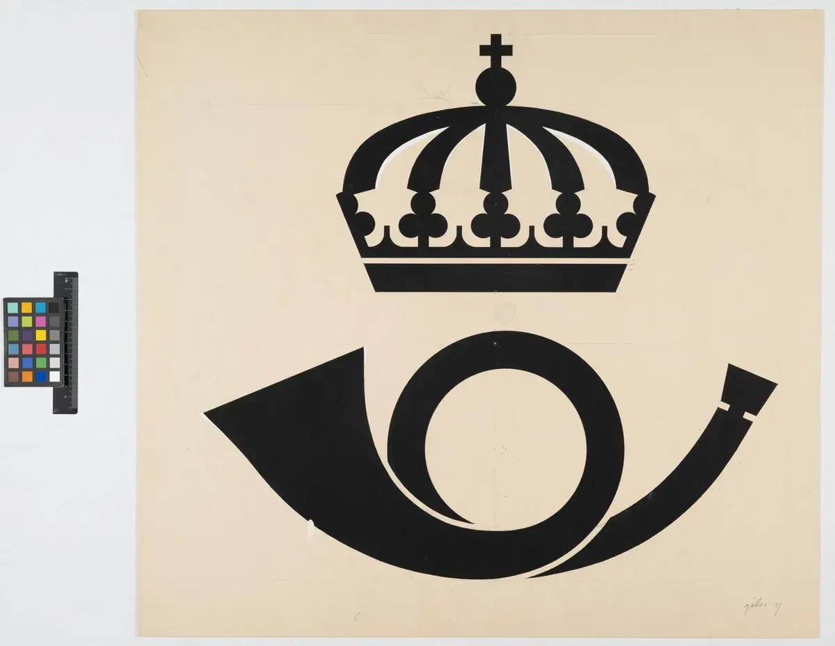 Mailbox for The Royal Post Office Department, drawing of logotype by Acking, Carl-Axel
