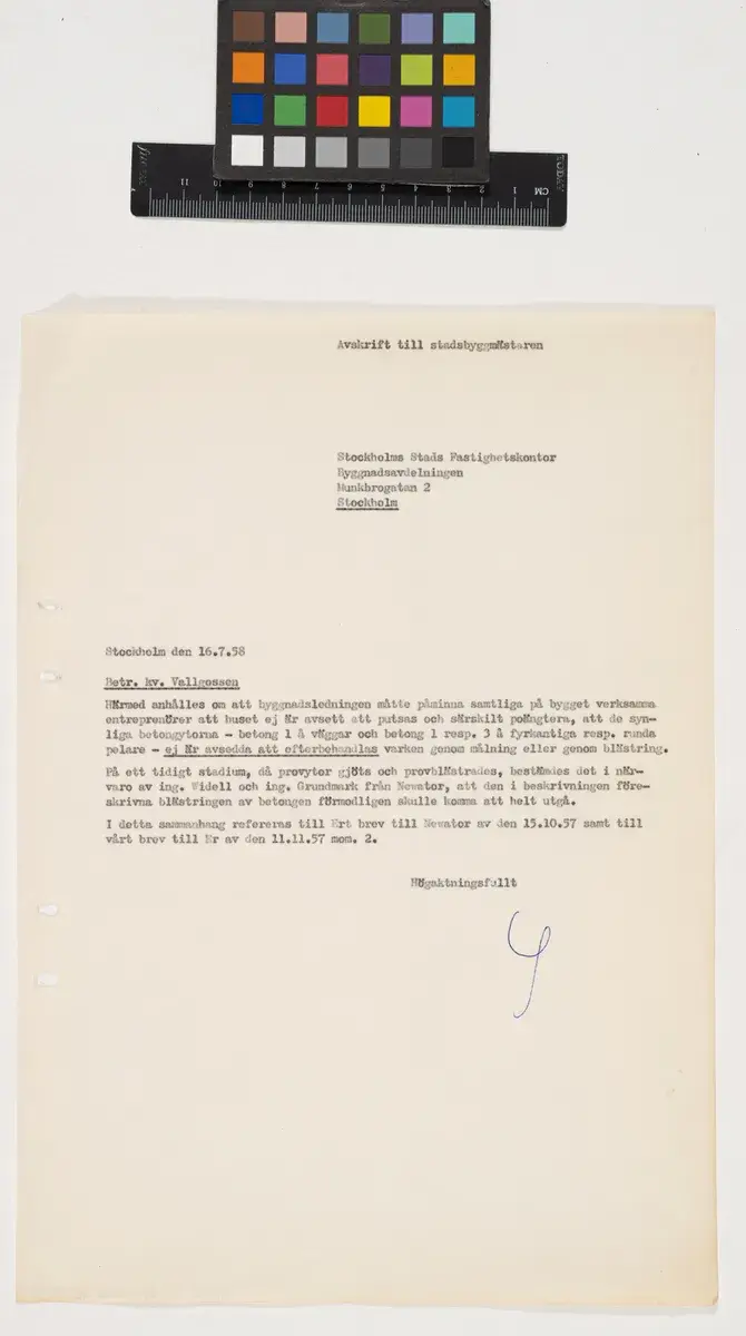 Vocational School, Letter to Stockholm Building Planning Office by Unknown artist