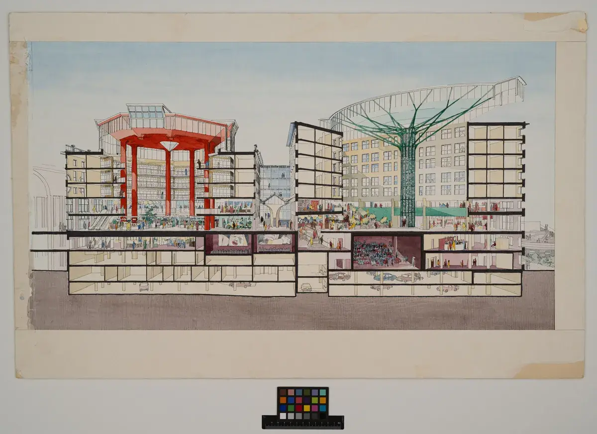 Söderhallarna. Section drawing of market hall and office. by Kjessel, Bo