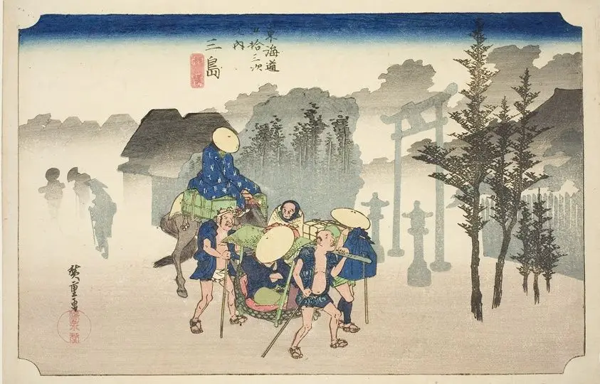Mishima: Morning Mist (Mishima, asagiri), from the series "Fifty-three Stations of the Tokaido Road (Tokaido gojusan tsugi no uchi)," also known as the Hoeido Tokaido by Utagawa Hiroshige 歌川 広重