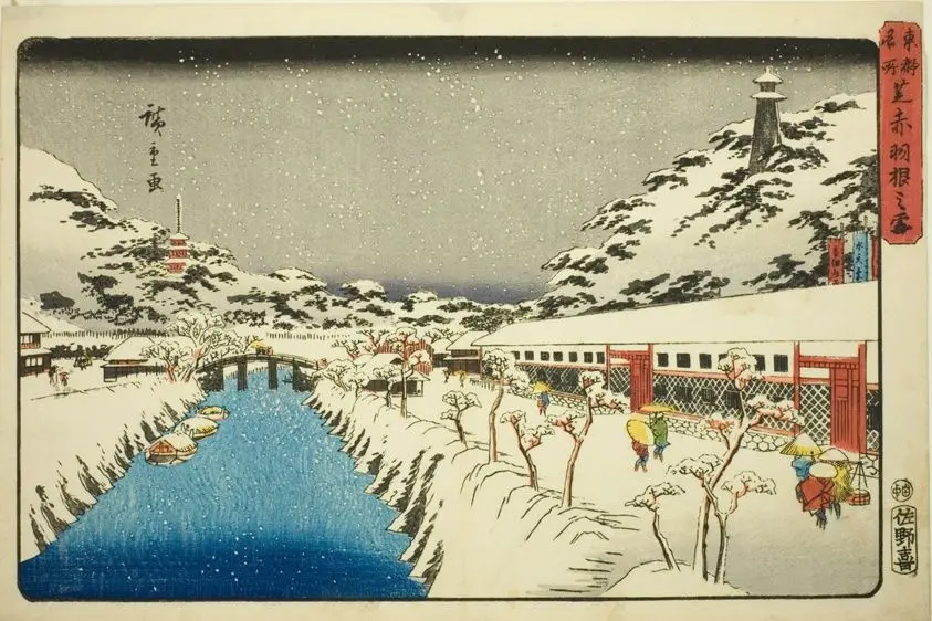 Snow at Akabane Bridge in Shiba (Shiba Akabane no yuki), from the series "Famous Places in the Eastern Capital (Toto meisho)" by Utagawa Hiroshige 歌川 広重