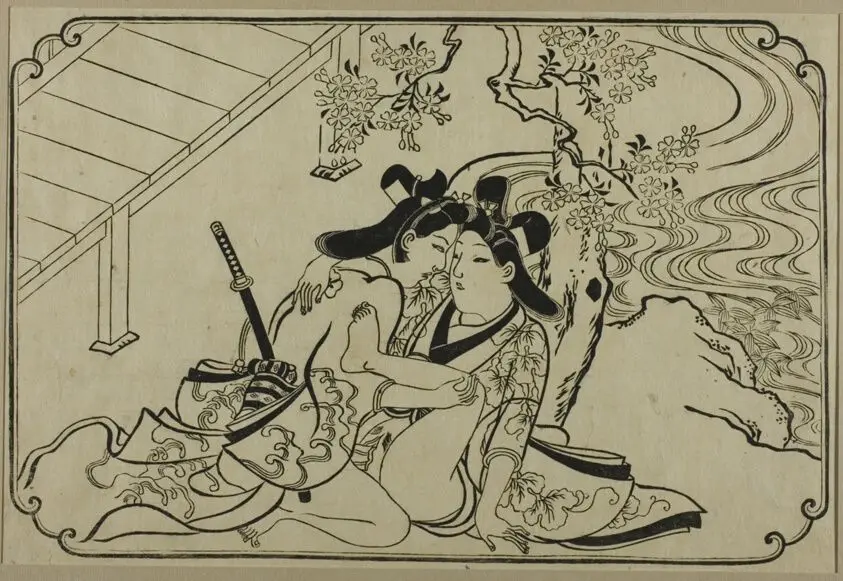 Lovers in the Garden, from an Untitled Series of Erotic Prints by Hishikawa Moronobu