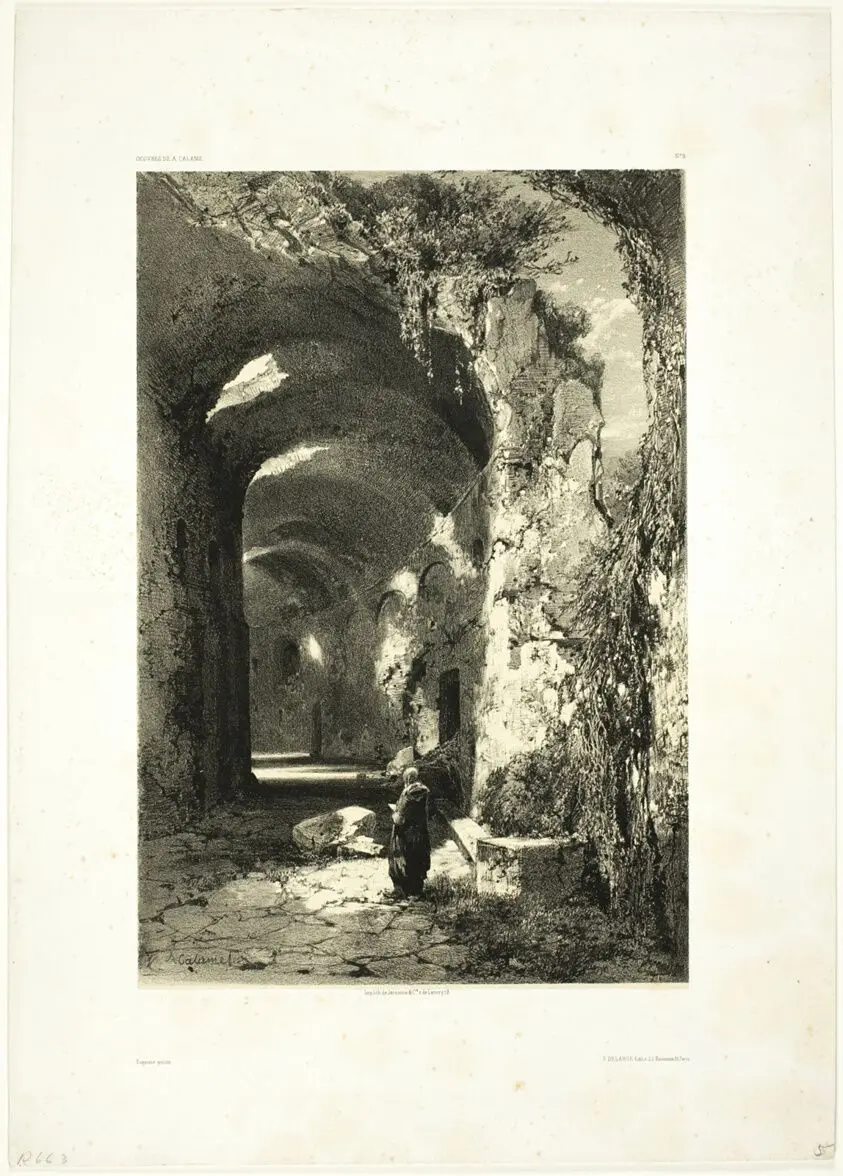 Ruin of an Amphitheatre at Pouzzoles (Kingdom of Naples), plate 9 from Oeuvres de A. Calame by Alexandre Calame (Swiss, 1810-1864)