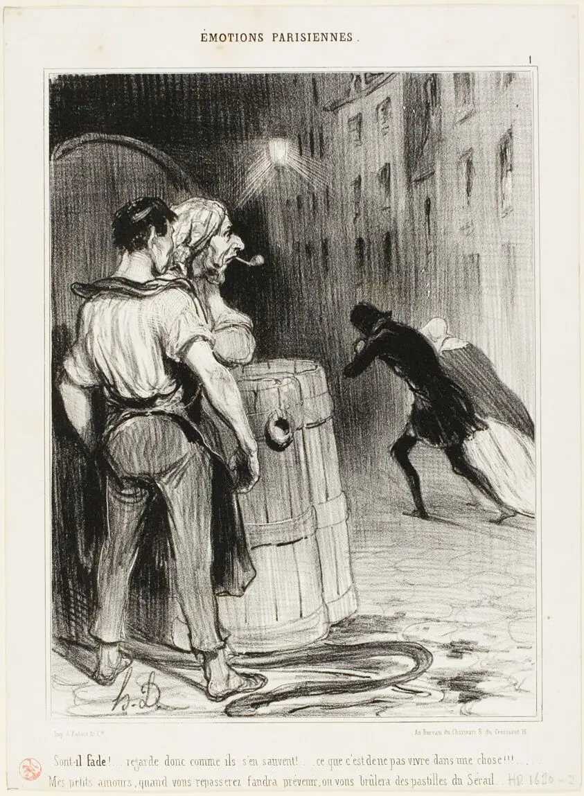 “How silly ! Just look how they run. That's what you get when you are at the wrong place. Just you wait! Next time, tell us in advance and we'll take good care of you...,” plate 1 from Émotions Parisiennes by Honoré Victorin Daumier