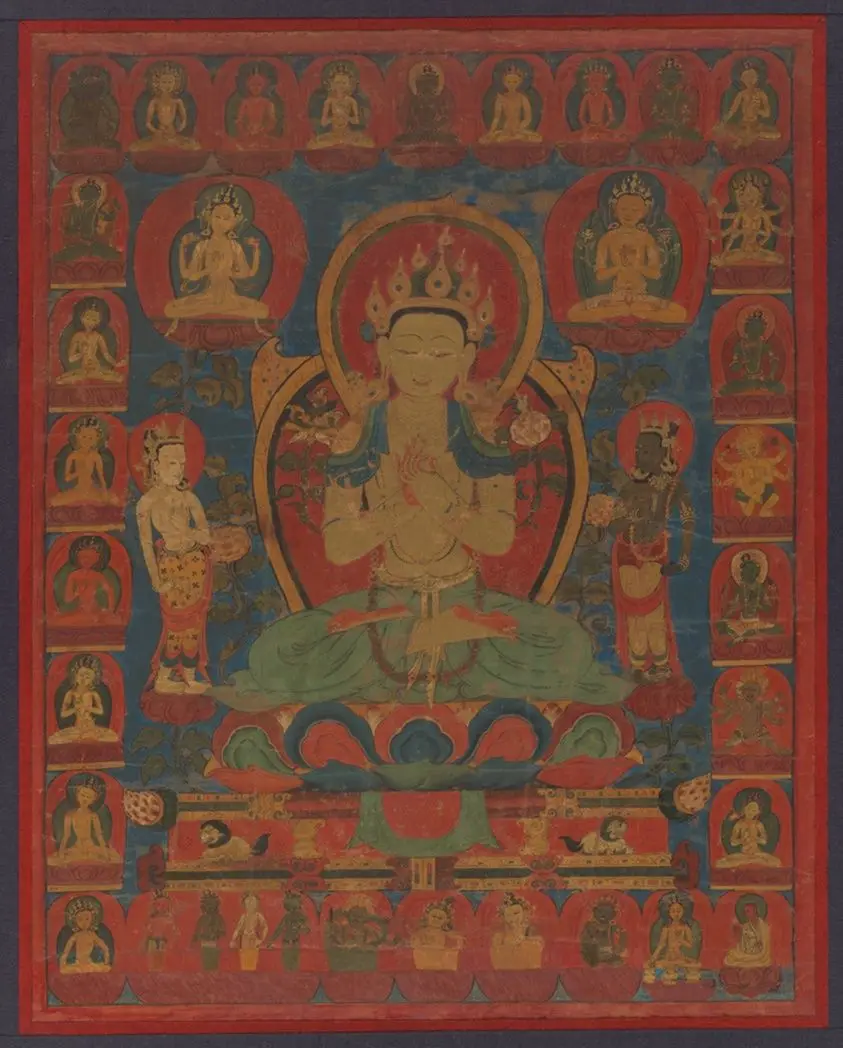 Painted Banner (Thangka) of Bodhisattva Maitreya Surrounded by his Retinue by Tibet
