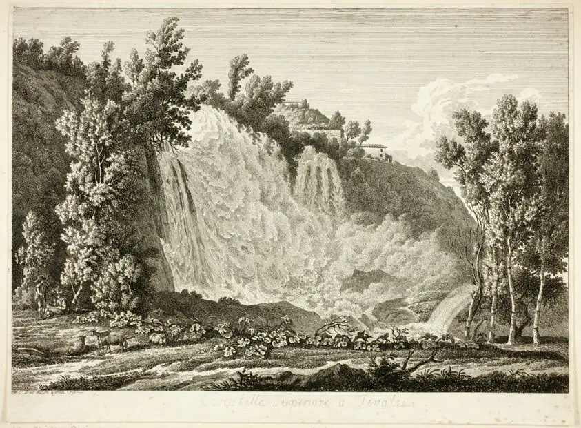 Waterfall Above Tivoli (Cascatella Superiore a Tivoli), from the series Picturesque Views of Italy (Malerisch radirte Prospekte aus Italien) by Albert Christoph Dies