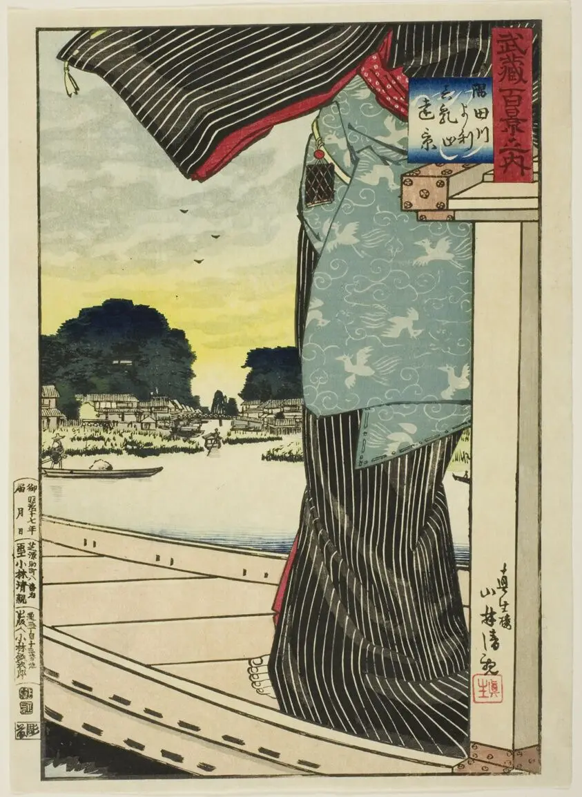 Distant View of Matsuchi Hill from the Sumida River (Sumidagawa yori Matsuchiyama enkei), from the series "One Hundred Views of Musashi Province (Musashi hyakkei no uchi)" by Kobayashi Kiyochika