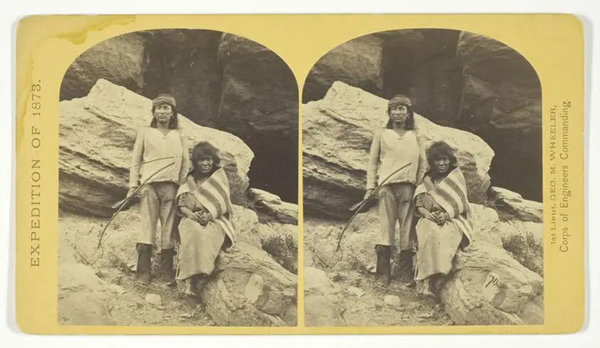 Navajo Brave and his Mother. The Navajo were formerly a warlike tribe until subdued by U.S. Troops, in 1859-60. Many of them now have fine flocks, and herds of horses, sheeps and goats, No. 29 from the series "Geographical Explorations and Surveys West of the 100th Meridian" by Timothy O'Sullivan (American, born Ireland, 1840–1882)