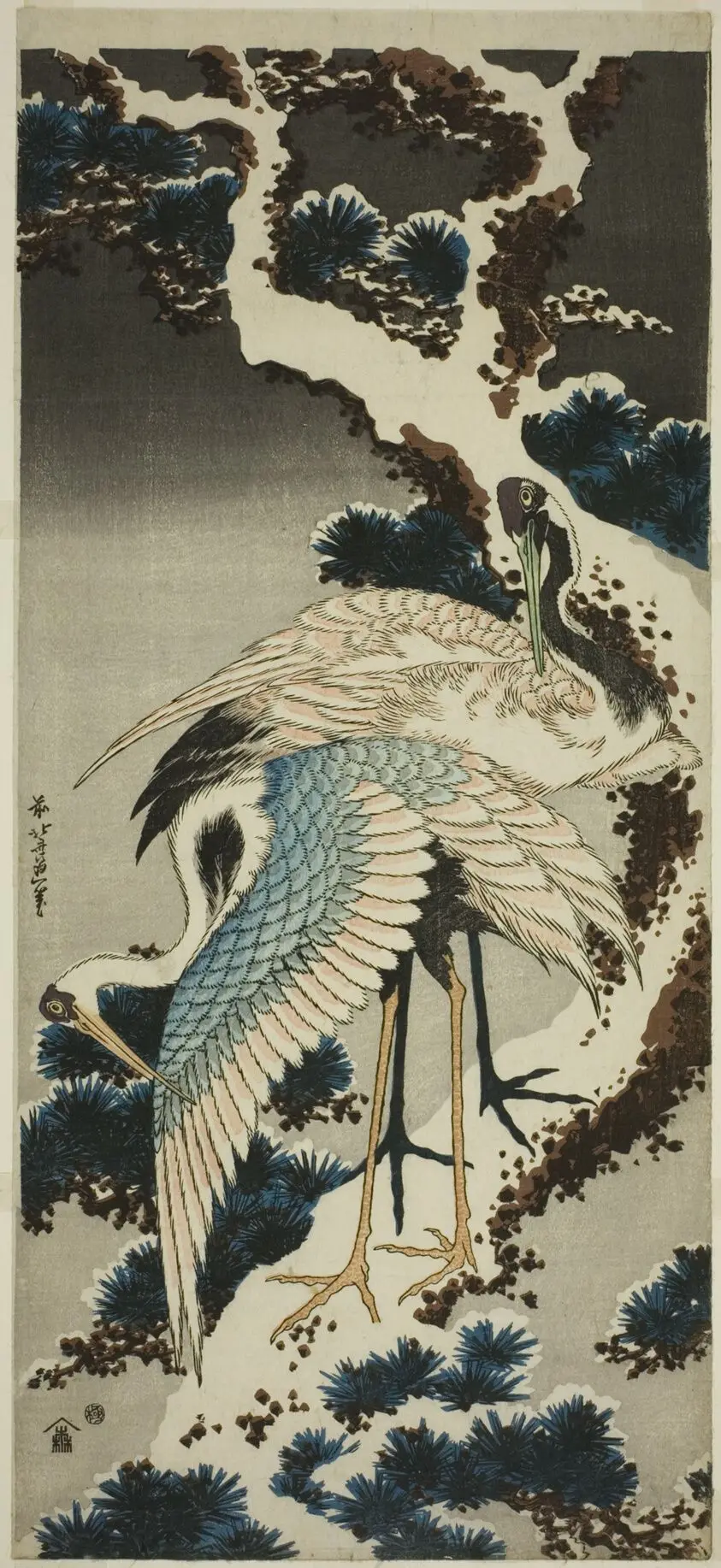 Cranes on snow-covered pine by Katsushika Hokusai 葛飾 北斎