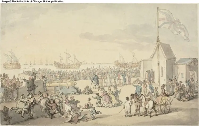 View of Prizes Taken by Lord Howe Coming in Portsmouth by Thomas Rowlandson