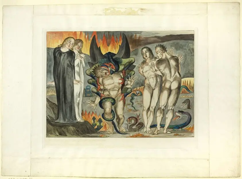 The Circle of the Thieves; Agnolo Brunelleschi Attacked by a Six-Footed Serpent. Inferno, canto XXV by William Blake