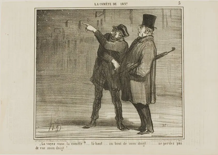 "- Can you see the comet?... just there, at the tip of my finger ... don't lose sight of my finger tip!," plate 5 from La Comète De 1857 by Honoré Victorin Daumier