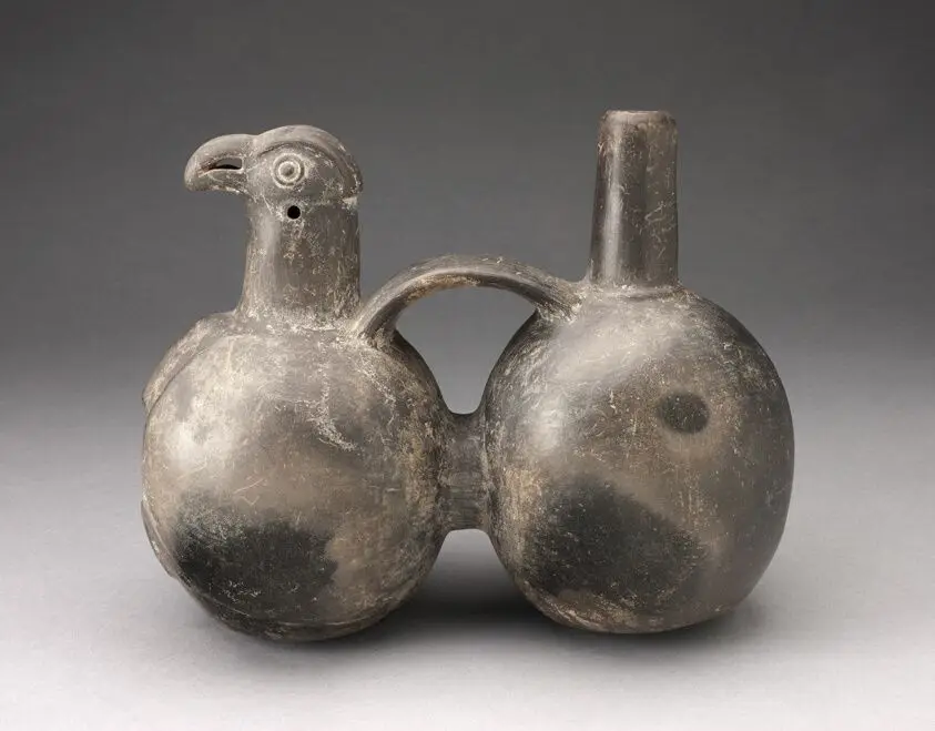 Double-Chambered Strap Vessel with Sculpted Bird Head by Chimú