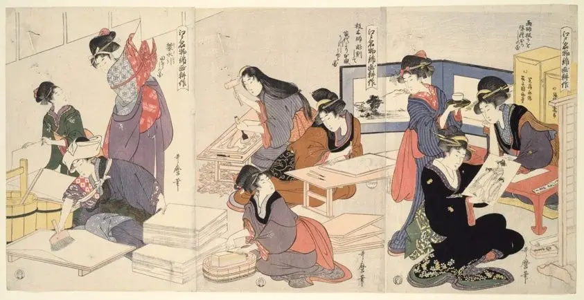 Artist, Block Carver, Applying Sizing (Eshi, hangashi, dosa-biki), from the series The Cultivation of Brocade Prints, a Famous Product of Edo (Edo meibutsu nishiki-e kosaku) by Kitagawa Utamaro 喜多川 歌麿