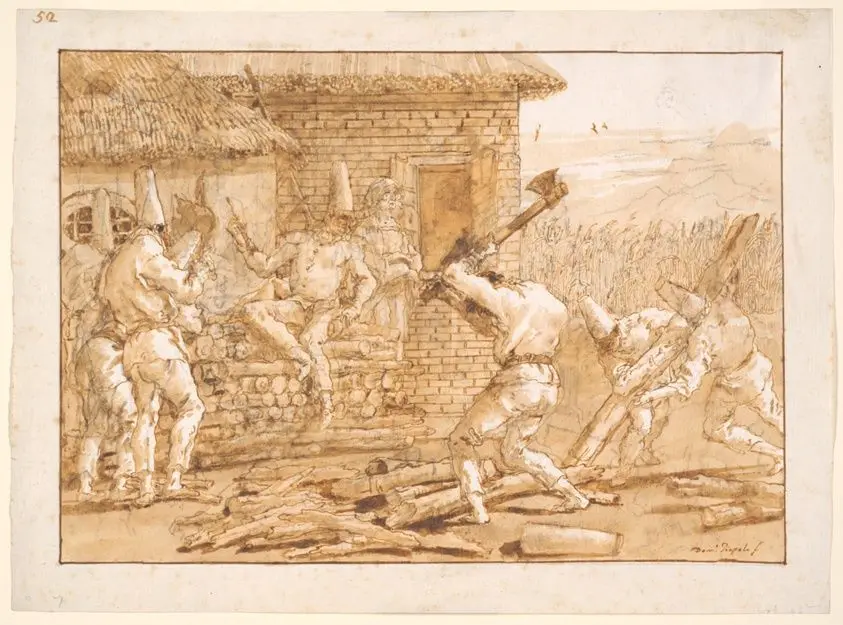 Punchinello Chopping Logs, from the series Divertimento per li regazzi (Entertainment for Children) by Giovanni Domenico Tiepolo