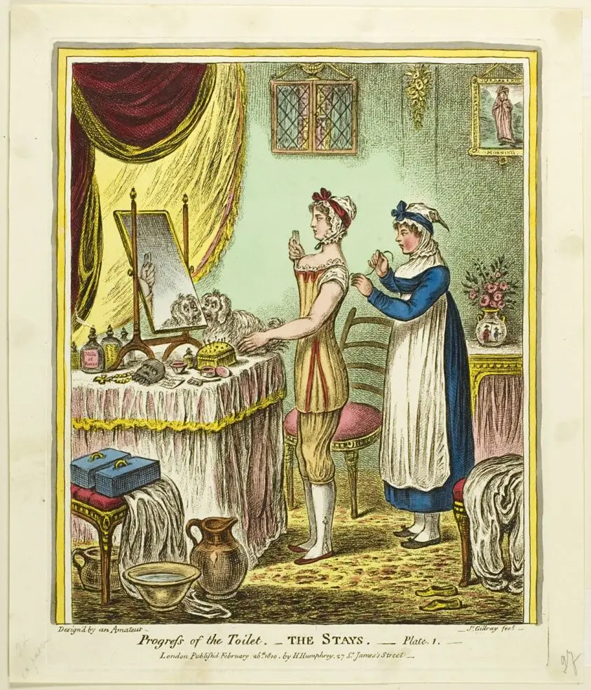The Stays, plate one from Progress of the Toilet by James Gillray (English, 1756-1815)