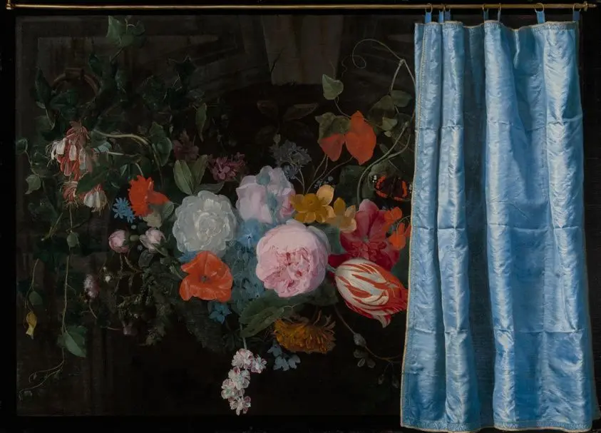 Trompe-l'Oeil Still Life with a Flower Garland and a Curtain by Adriaen van der Spelt (Dutch, 1630–1673)