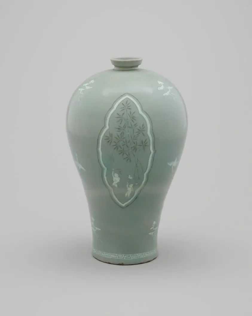 Plum Vase (Maebyeong) with Clouds, Cranes, and Children Motifs by Korea