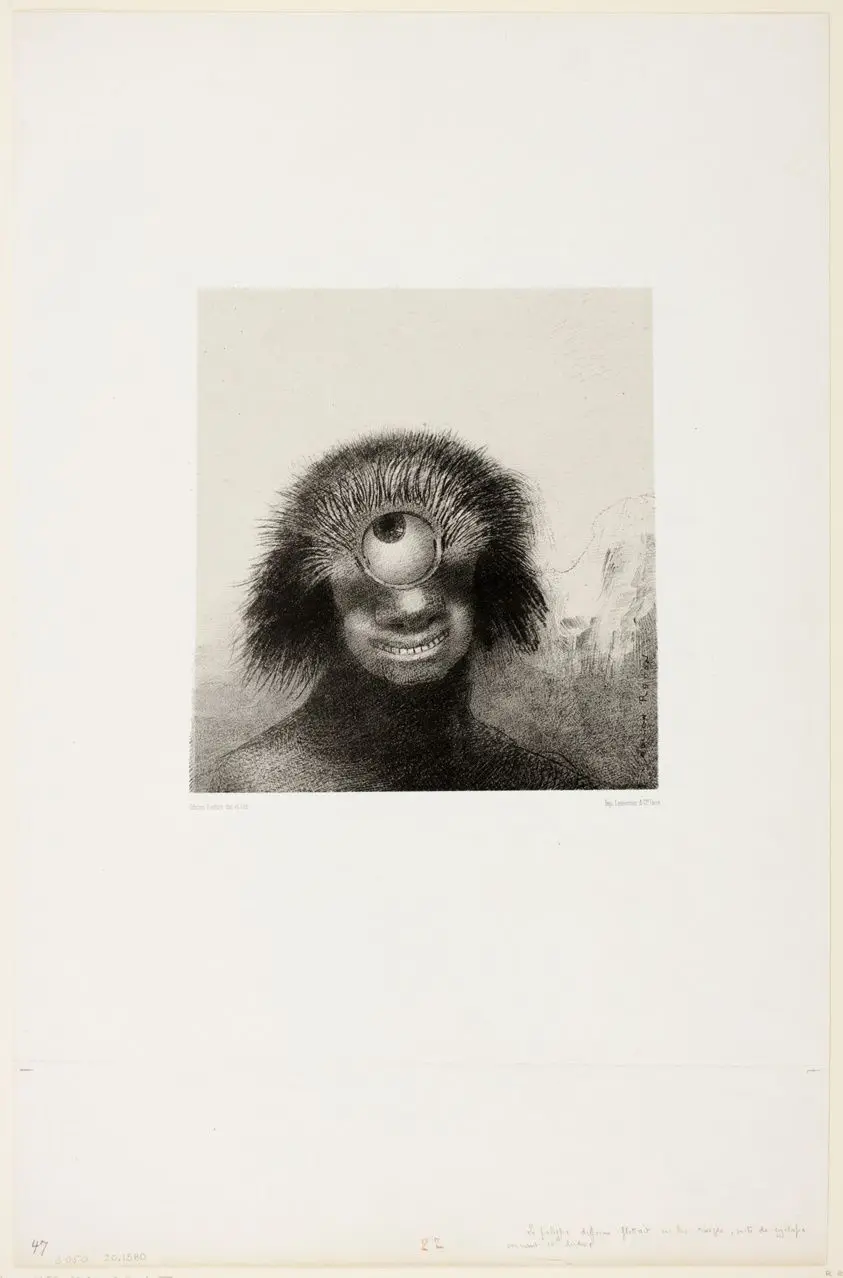 The Misshapen Polyp Floated on the Shores, a Sort of Smiling and Hideous Cyclops, plate 3 of 8 from "Les Origines" by Odilon Redon