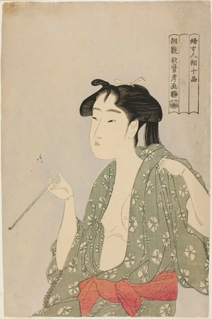 Woman Exhaling Smoke from a Pipe, from the series "Ten Classes of Women’s Physiognomy (Fujo ninso juppon)" by Kitagawa Utamaro 喜多川 歌麿