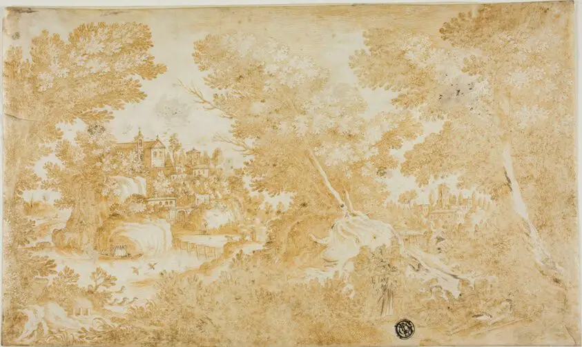 Men and Women Resting in Wooded Landscape with River, Villas, Church by Hendrik Hondius I