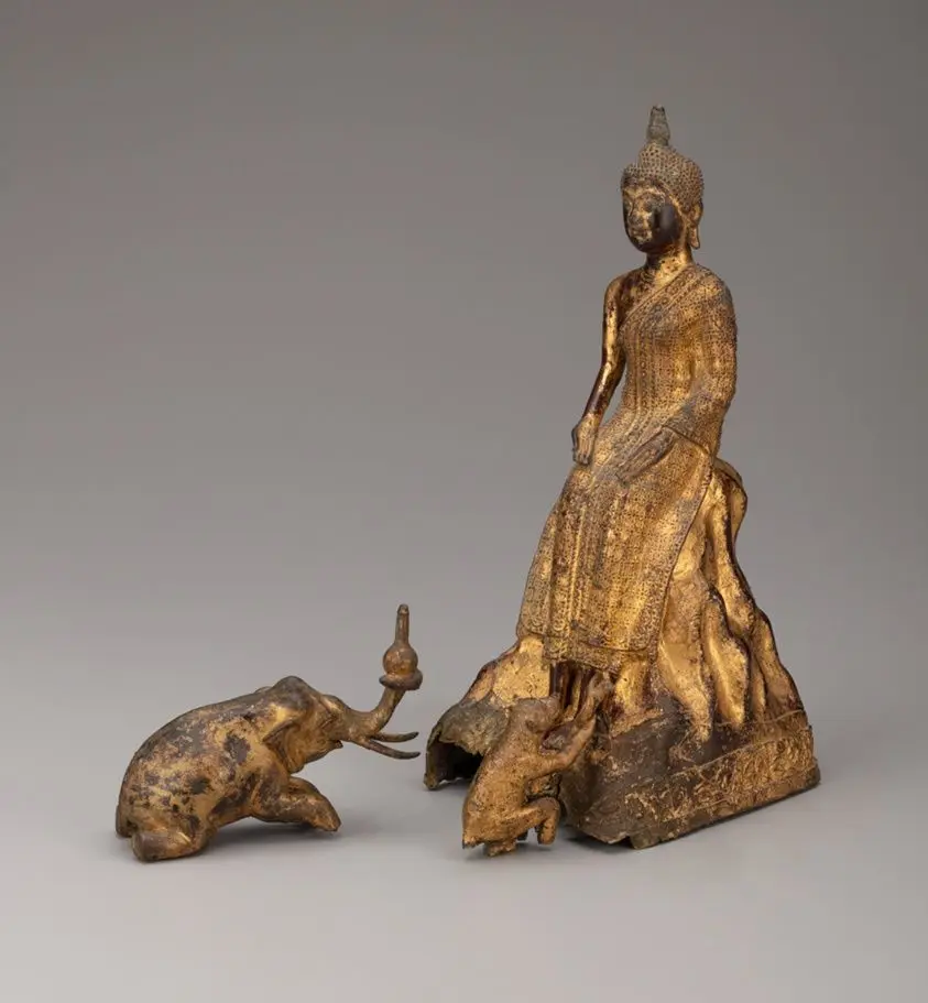 Enthroned Buddha with Elephant and Monkey Paying Homage by Thailand