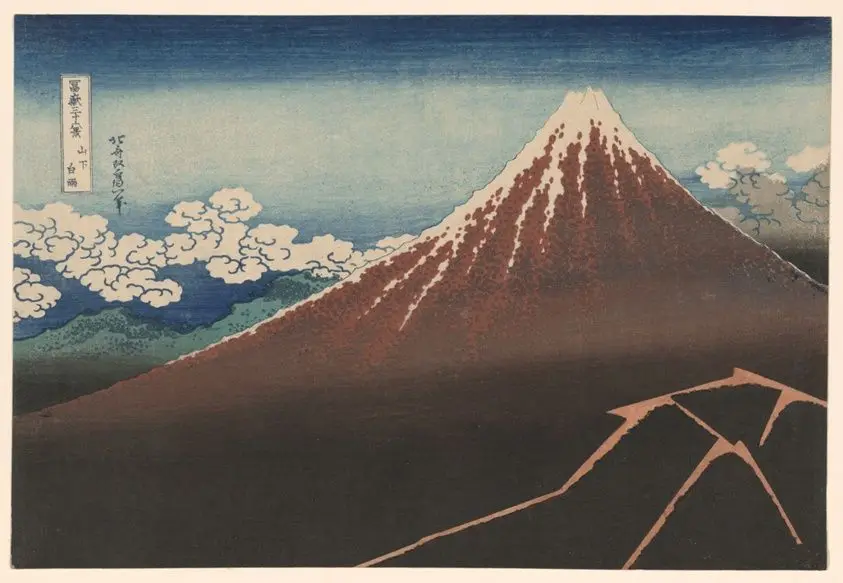Shower Below the Summit (Sanka hakuu), from the series "Thirty-Six Views of Mount Fuji (Fugaku sanjurokkei)" by Katsushika Hokusai 葛飾 北斎