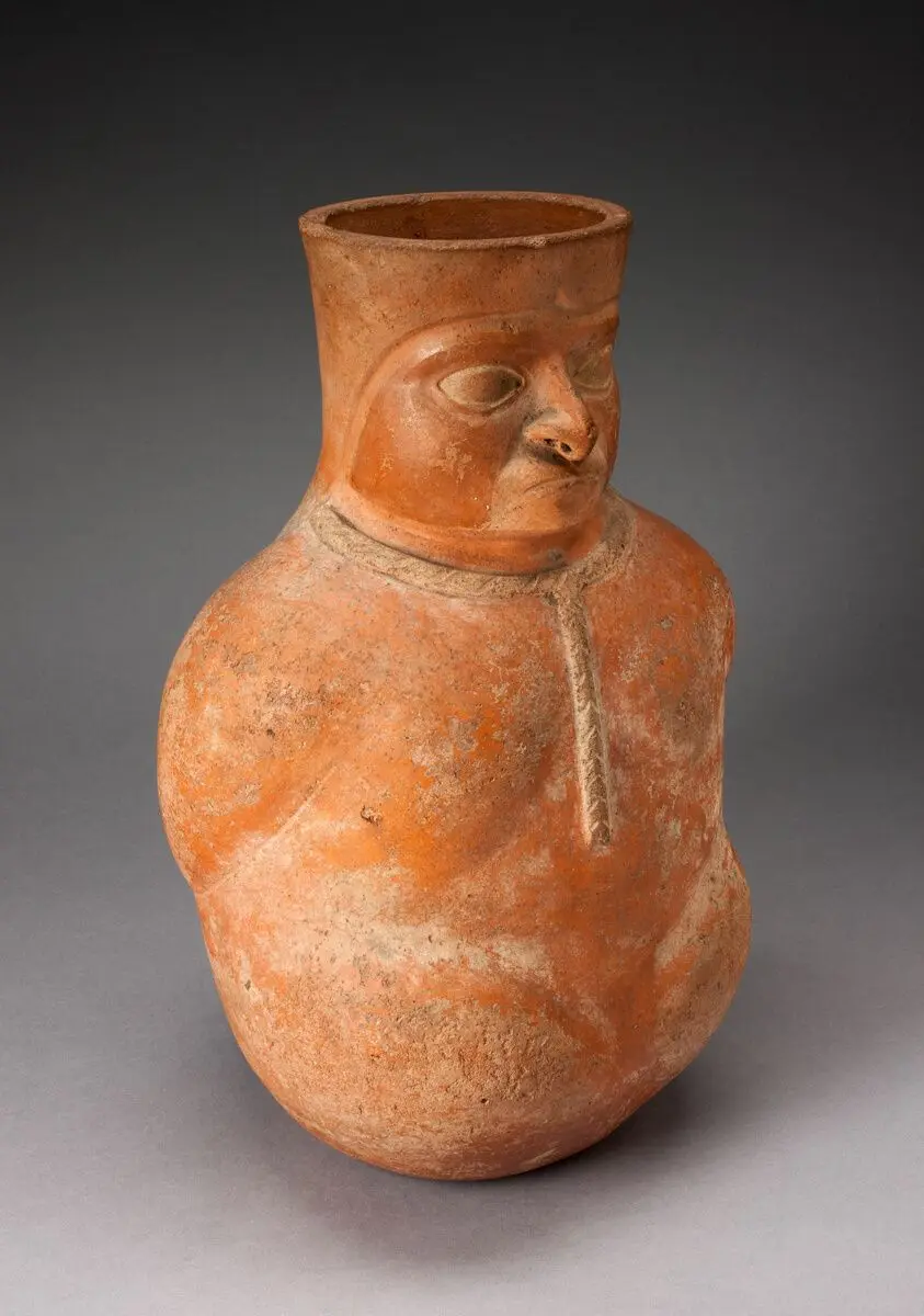 Jar in the Form of a Captive with Modeled Head, Rope Encircling Neck, and Tied Hands by Moche