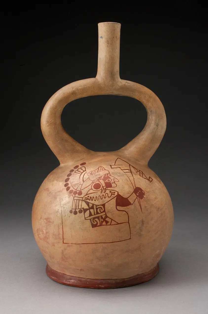 Stirrup Spout Vessel with Fineline Enthroned Warrior Motif by Moche