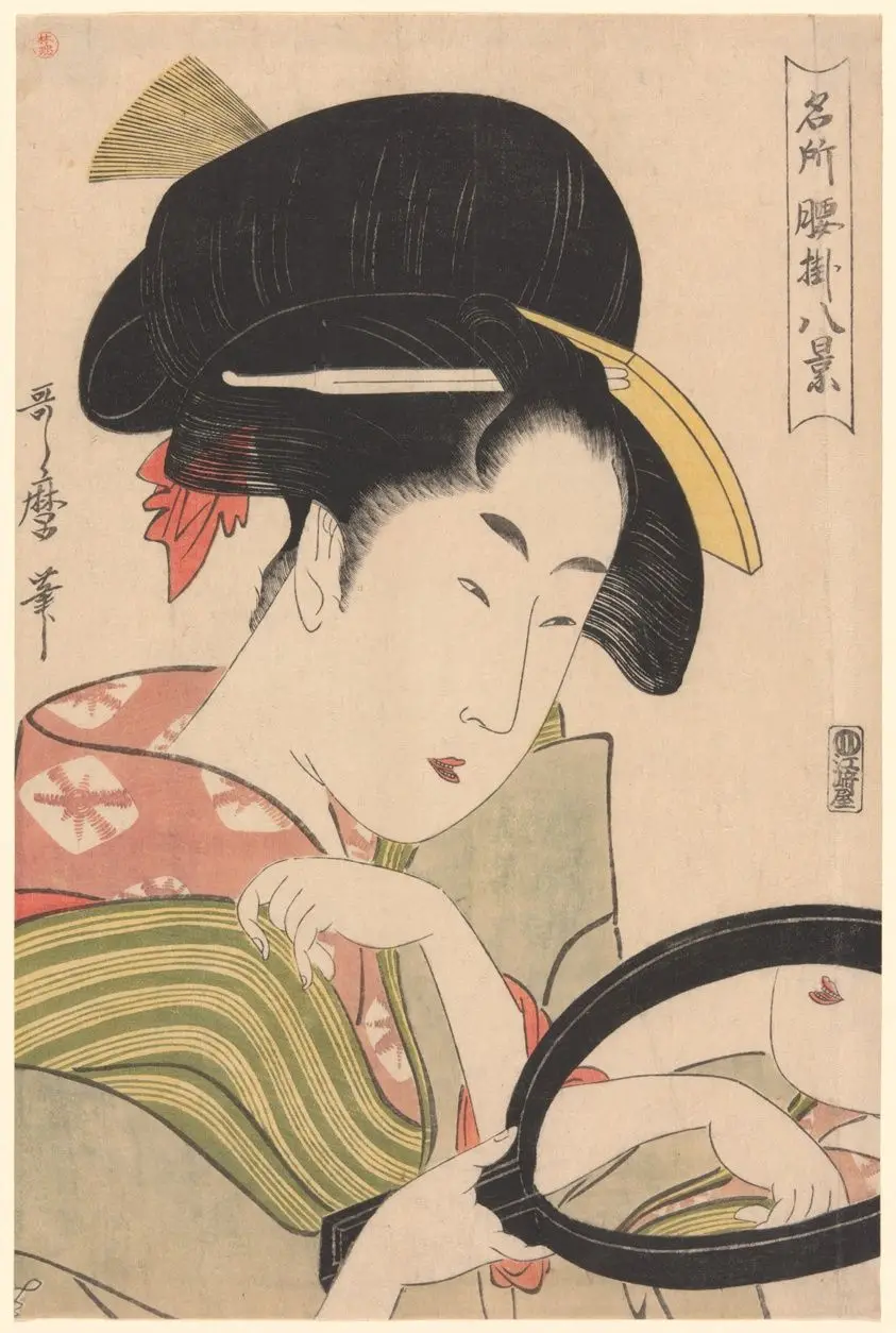 Mirror, from the series “Eight Views of Tea-stalls in Celebrated Places" ("Meisho koshikake hakkei") by Kitagawa Utamaro 喜多川 歌麿