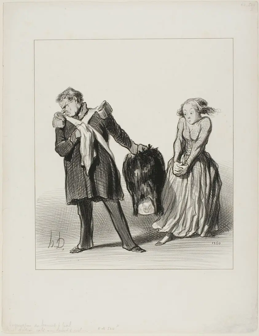 “- Here, Eudoxie, take my bear skin... since from now on I will not have the pleasure any more to wear it, I give it to you to make a muff out of it... This way I have at least the satisfaction of seeing it from time to time” by Honoré Victorin Daumier