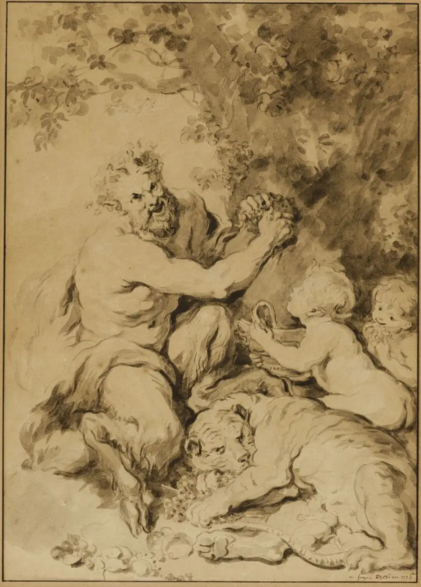 Satyr Pressing Grapes Beside a Tiger by Jean-Honoré Fragonard (French, 1732-1806)