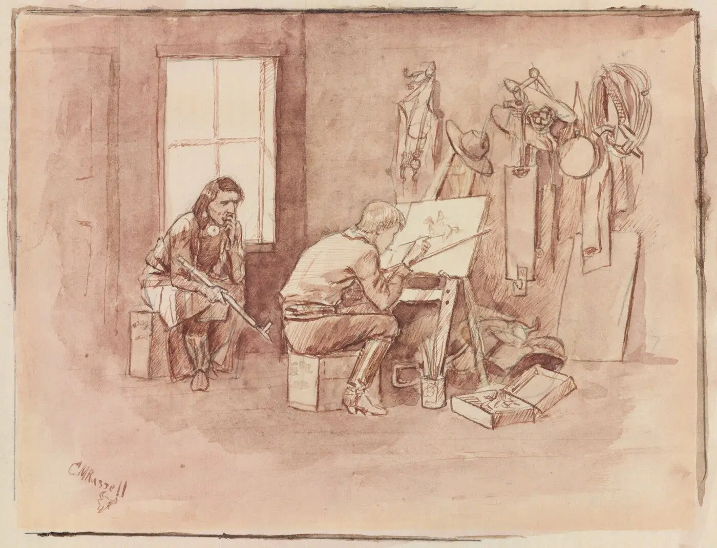 Contrast in Artist's Salons--Charlie Painting in His Cabin by Charles M. Russell