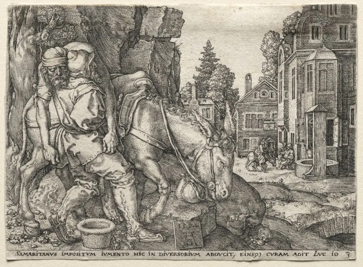 The Parable of the Good Samaritan: The Good Samaritan Putting the Traveler on His Donkey by Heinrich Aldegrever