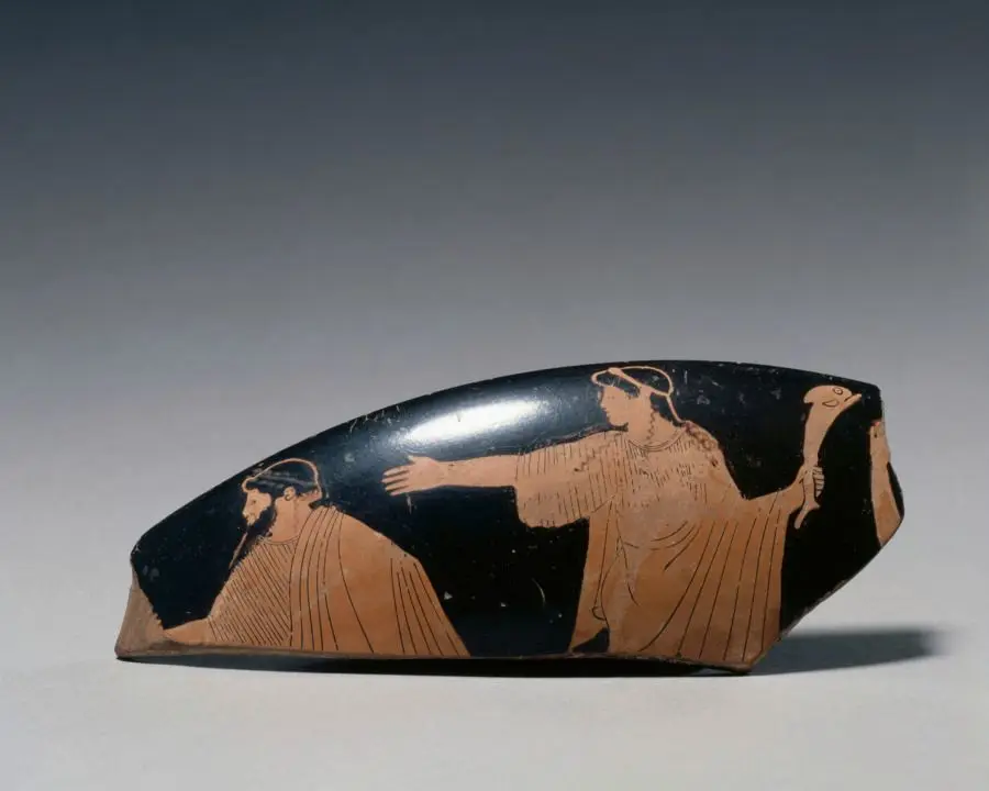 Fragment from Red-Figure Kylix: Nereus(?) and Nereid by Pistoxenos Painter