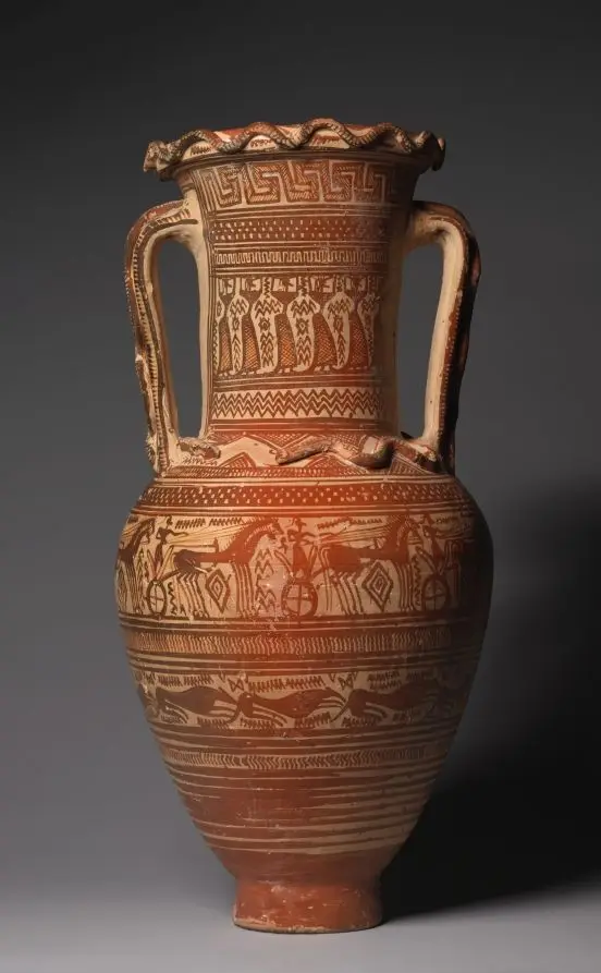 Geometric Neck-Handled Amphora (Storage Vessel): Prothesis (Laying out of Corpse), Mourners, Chariots by Athens 894 (Greek, Attic, Late Geometric llb)