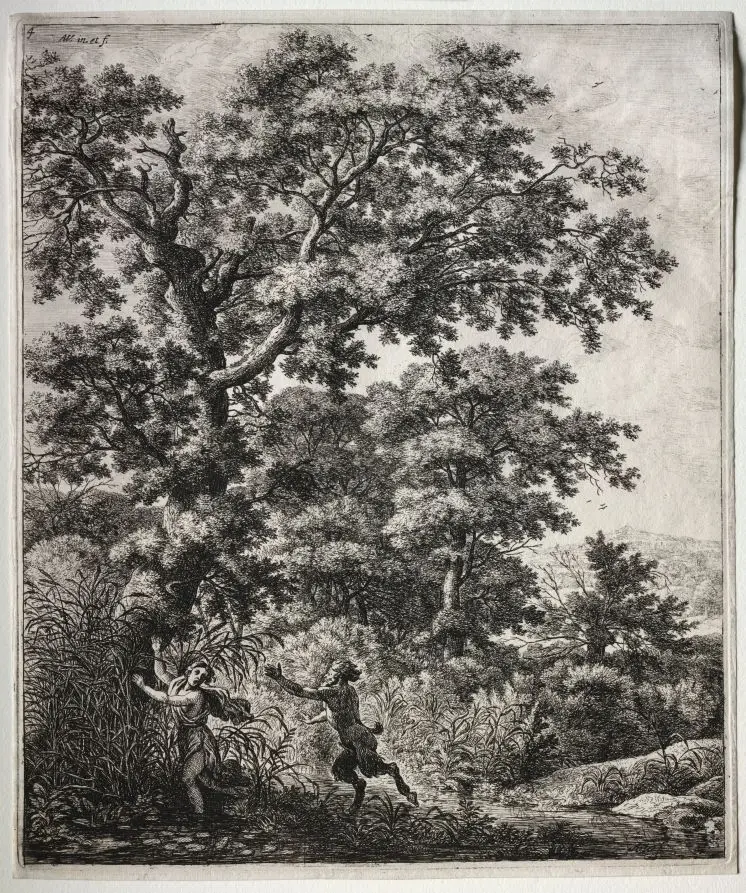 Six large upright landscapes with scenes from Ovid's Metamorphoses: Pan and Syrinx by Anthonie Waterloo