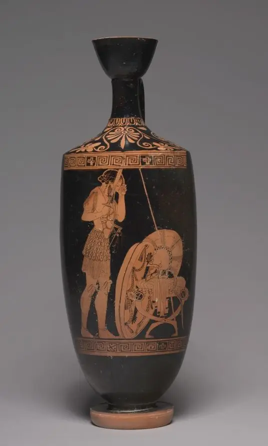 Red-Figure Lekythos (Oil Vessel): Warrior Cutting Hair by Oionokles Painter
