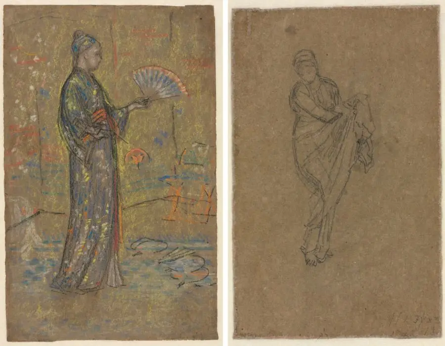 Japanese Woman Painting a Fan (recto); Standing Woman Holding Up Her Dress (verso) by James McNeill Whistler