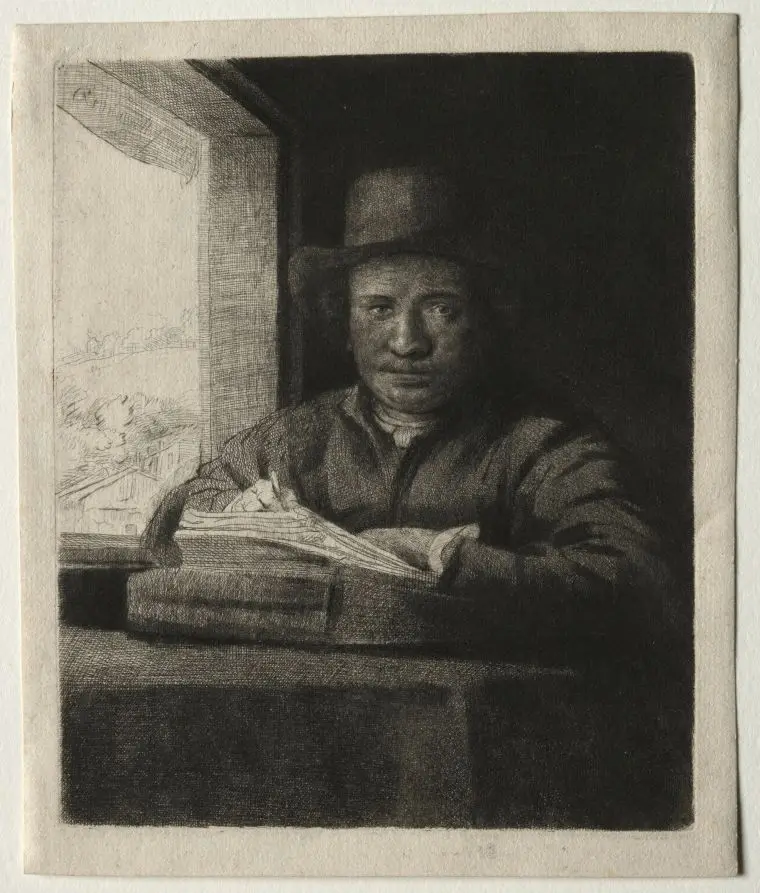 Self-Portrait Drawing at a Window by Rembrandt van Rijn
