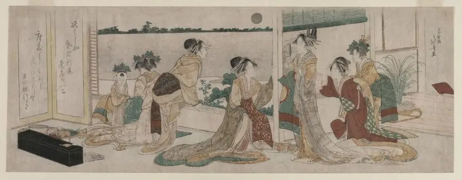 Tsukasa and Other Courtesans of the Ogiya Watching the Autumn Moon Rise Over Rice Fields from a Balcony in the Yoshiwara by Katsushika Hokusai