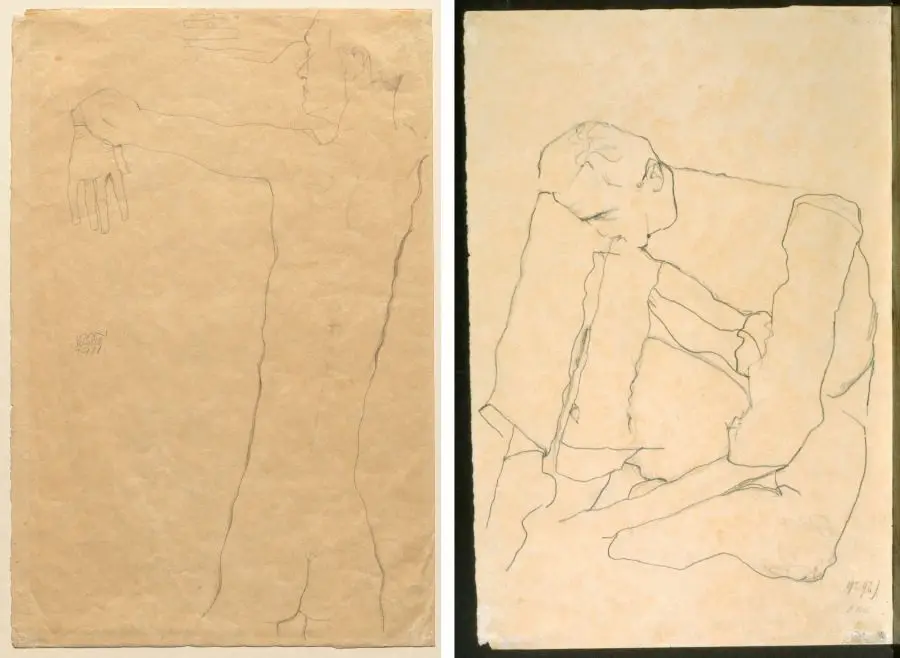 Nude Man with Raised Arms (recto) Seated Man (verso) by Egon Schiele