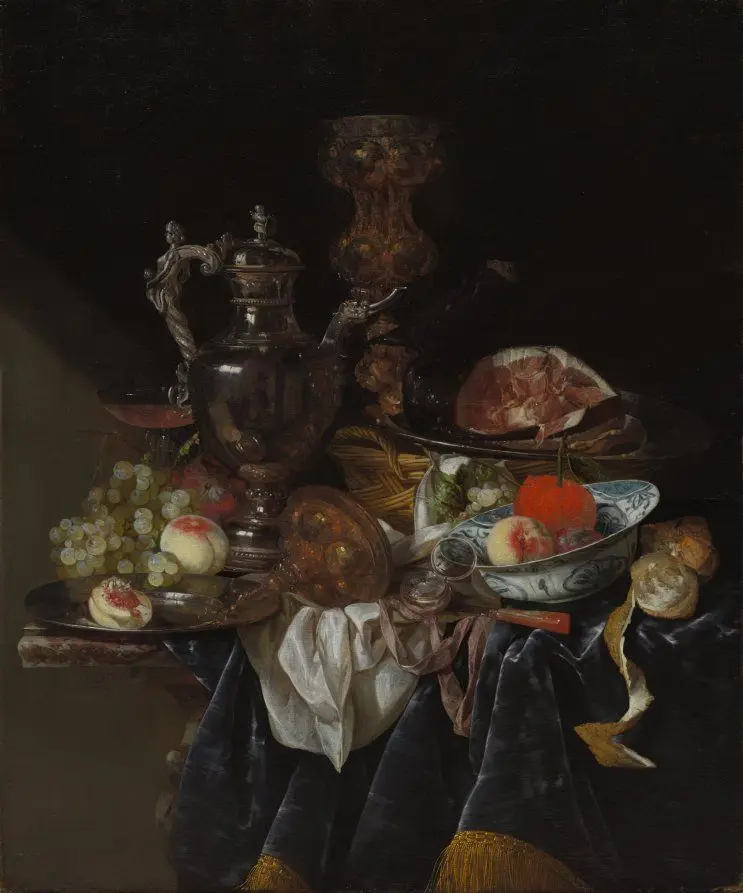 Silver Wine Jug, Ham, and Fruit by Abraham van Beyeren