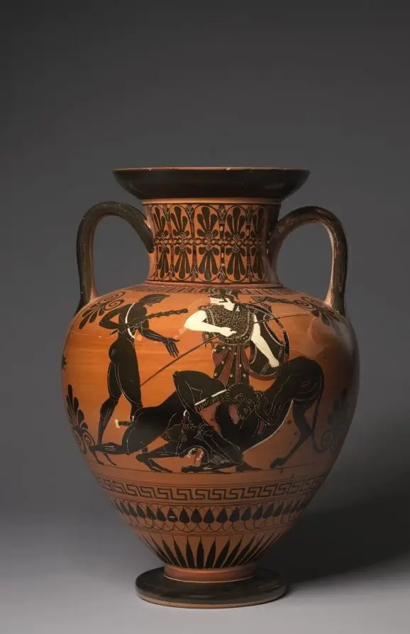 Black-Figure Neck-Amphora (Storage Vessel): Herakles and Nemean Lion (A); Dionysos, Satyrs, and Maenads (B) by Painter of Berlin 1899 (Greek, Attic)