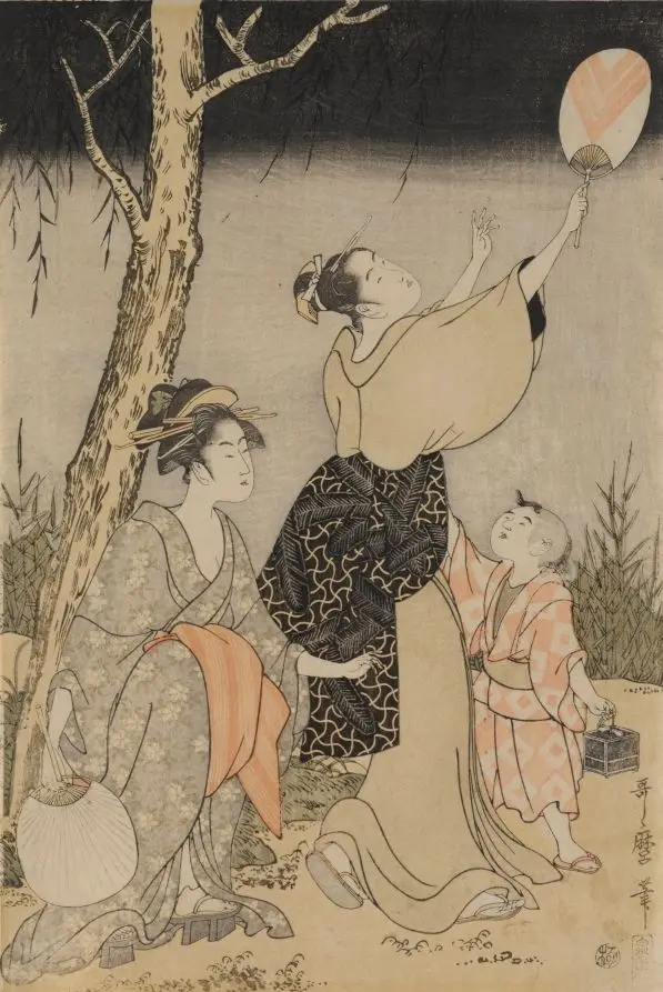 Catching Fireflies Beneath a Willow Tree (left) by Kitagawa Utamaro