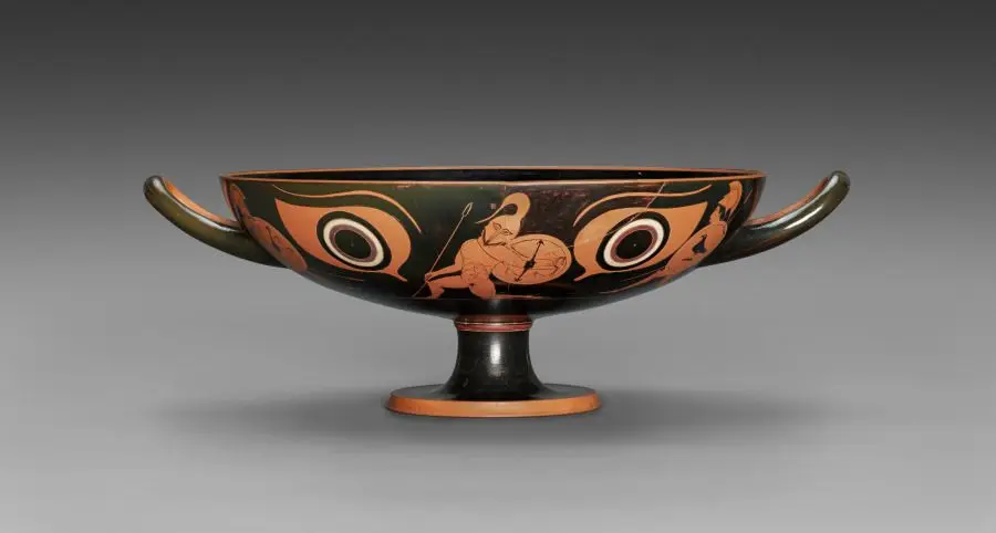 Red-Figure Eye Cup: Warriors (A), Musician and Youths (B) by Psiax